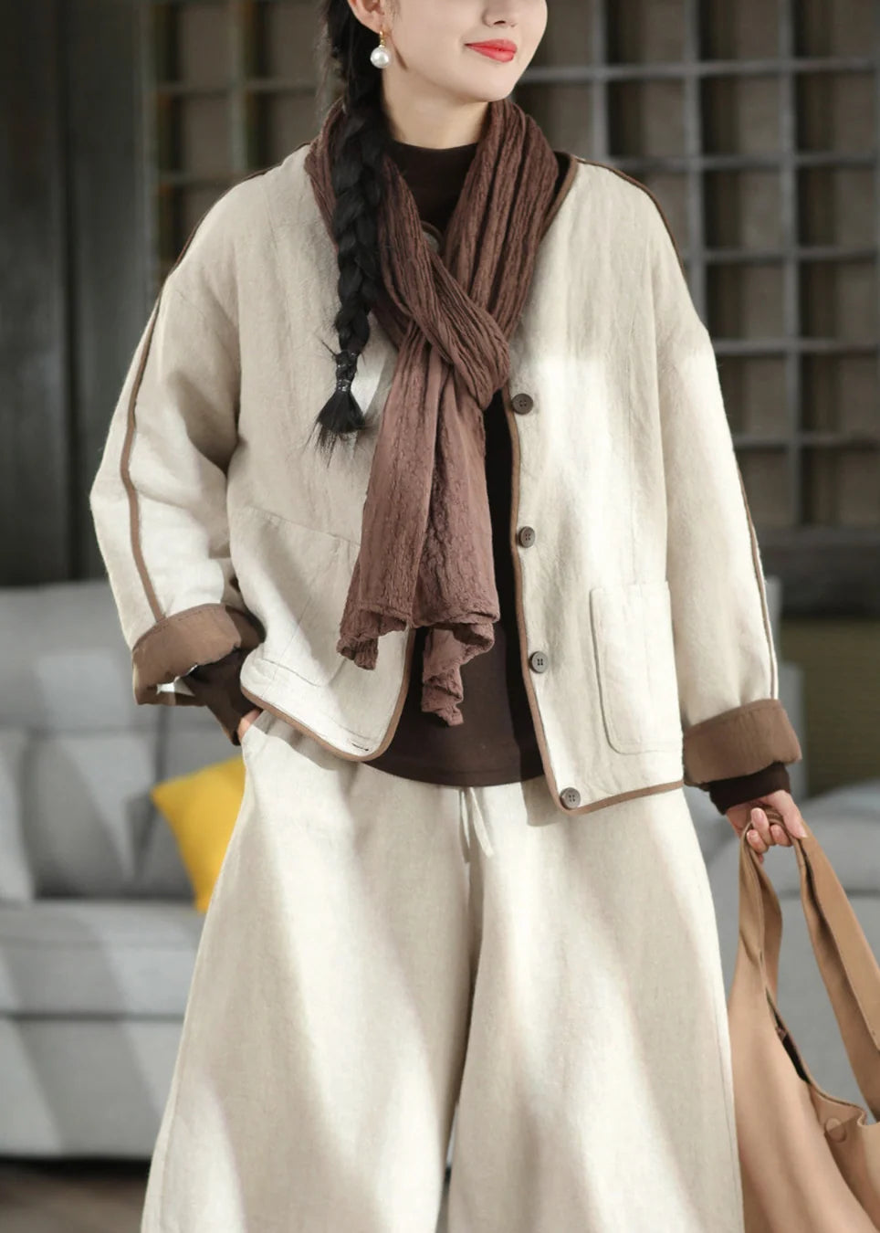 Damjacka Löstaglig Knappficka Patchwork Stil 2