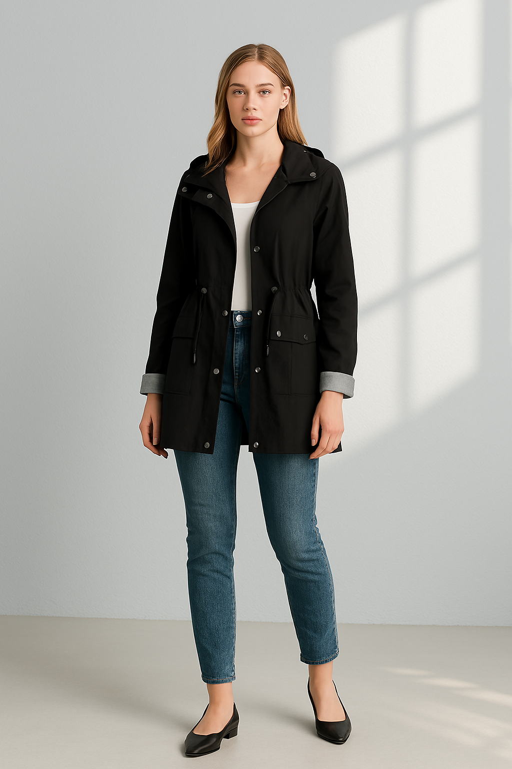 Damjacka med Huva Justerbart Midjeband Vattenavvisande Tyg 1