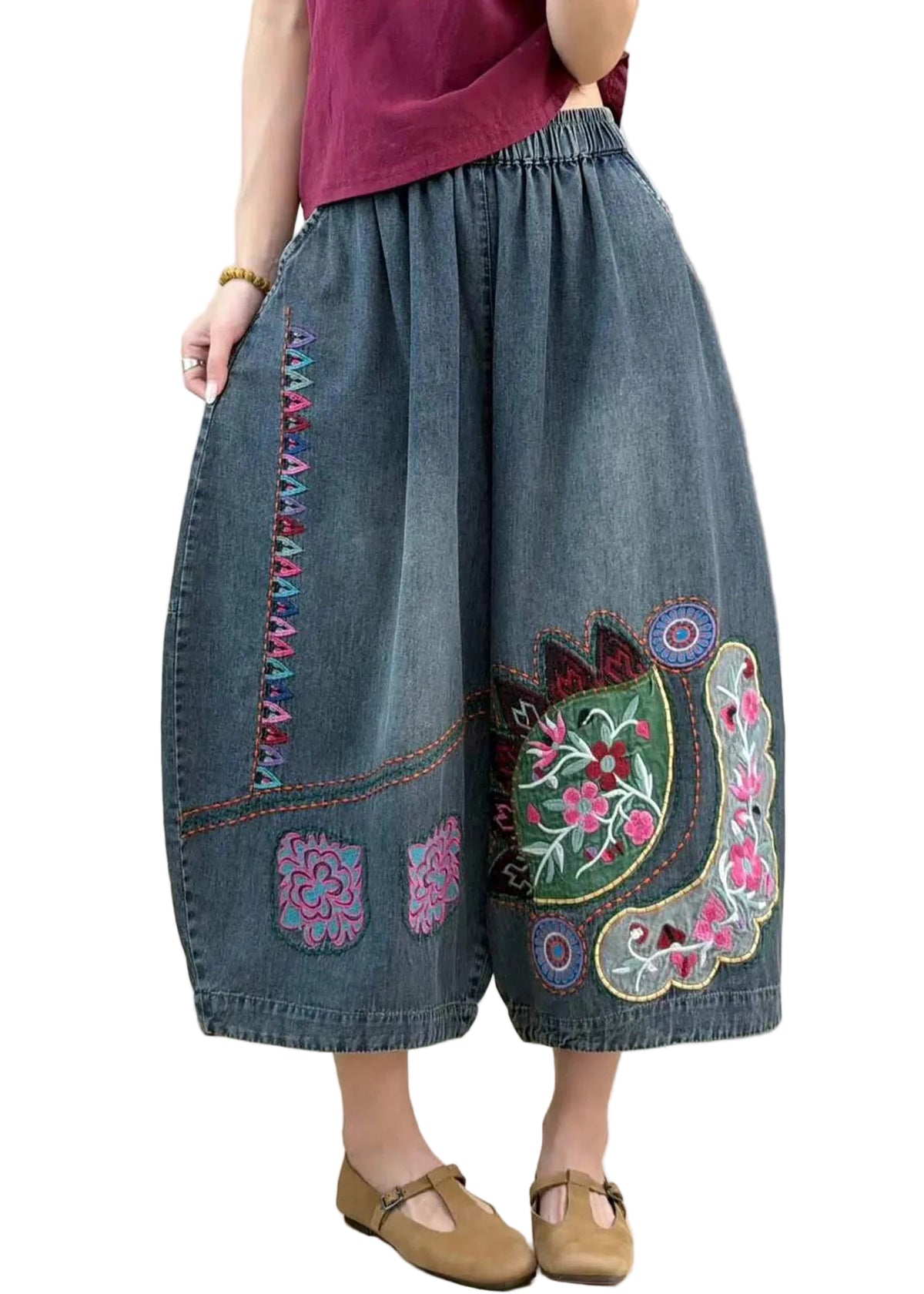 Damjeans med broderad design och resårmidja 0