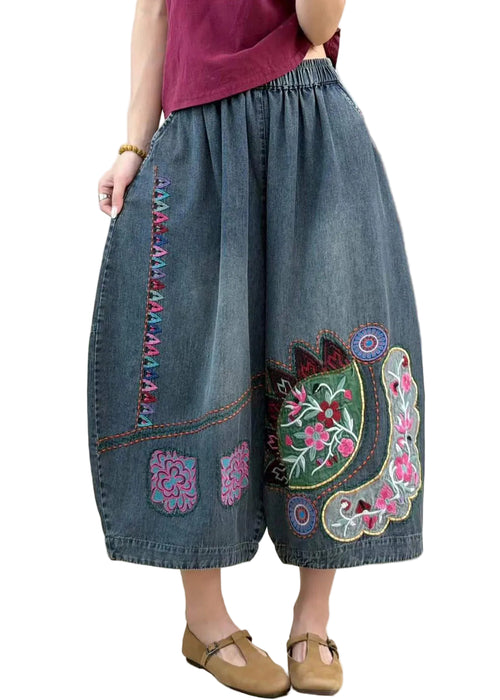 Damjeans med broderad design och resårmidja 0
