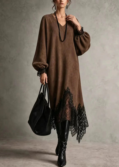 Damklänning Asymmetrisk Spets Patchwork Höststil 1