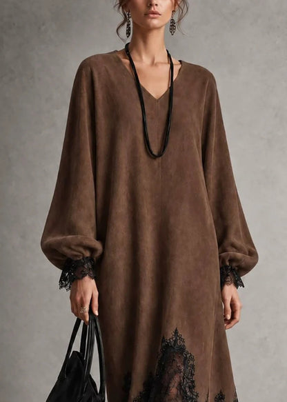 Damklänning Asymmetrisk Spets Patchwork Höststil 3