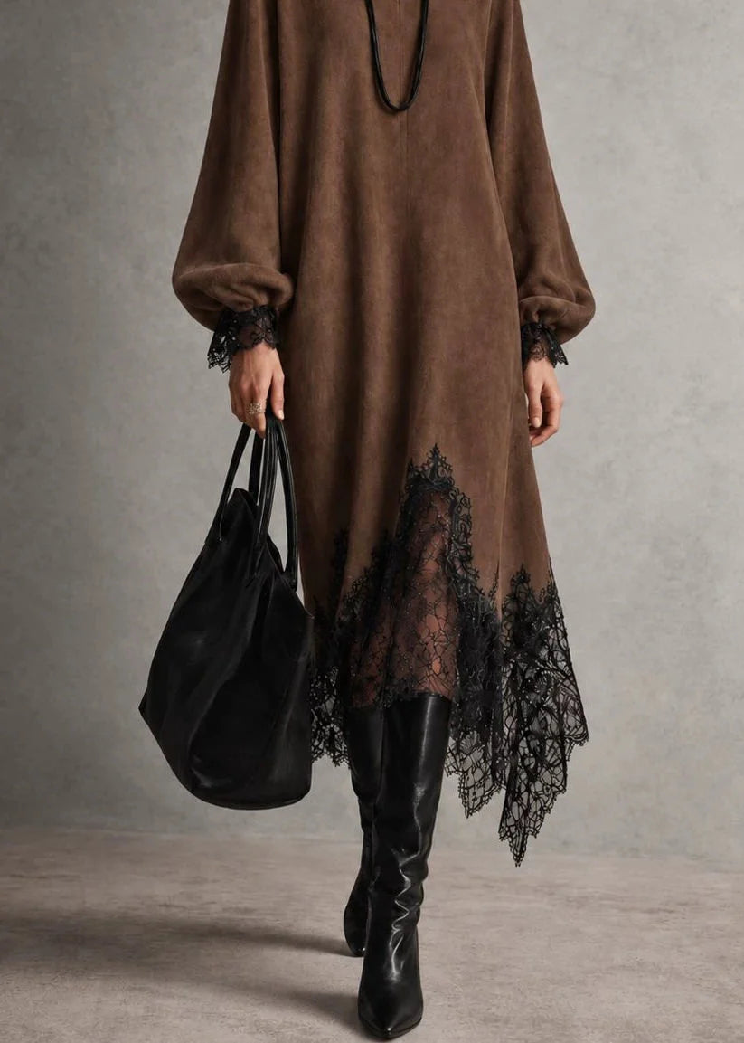 Damklänning Asymmetrisk Spets Patchwork Höststil 4