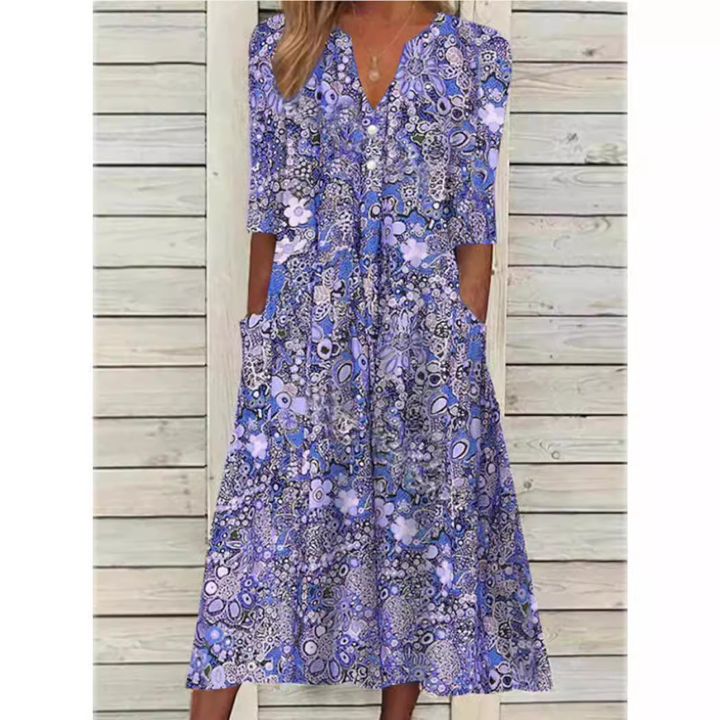 Damklänning Blommönster Lätt Material För Vår- och Sommaraktiviteter 2