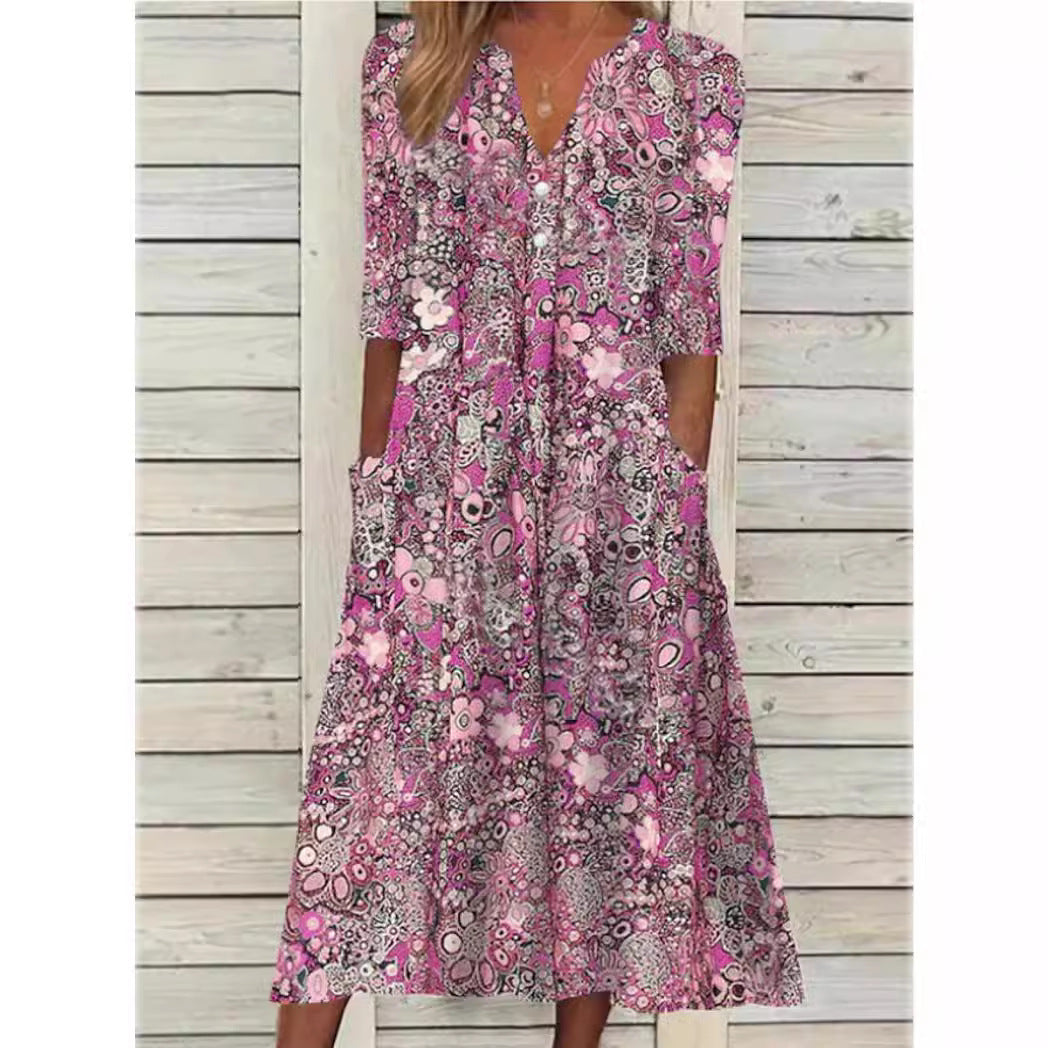 Damklänning Blommönster Lätt Material För Vår- och Sommaraktiviteter 3