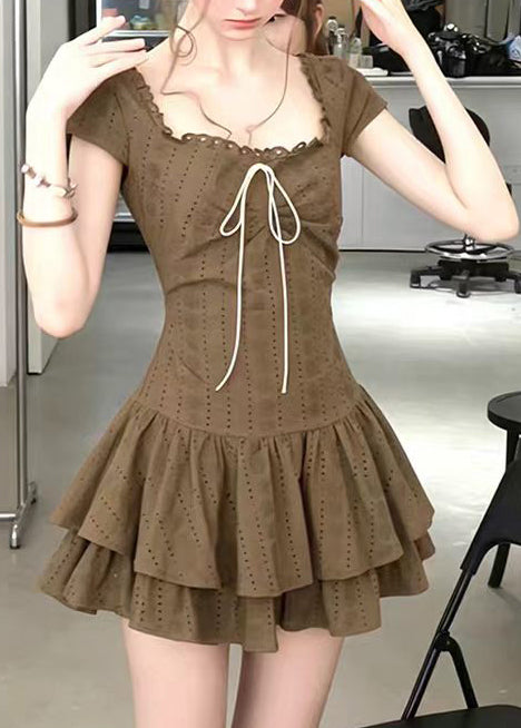 Damklänning Mini Vintage Stil med Fyrkantig Krage och Lager på Lager 4