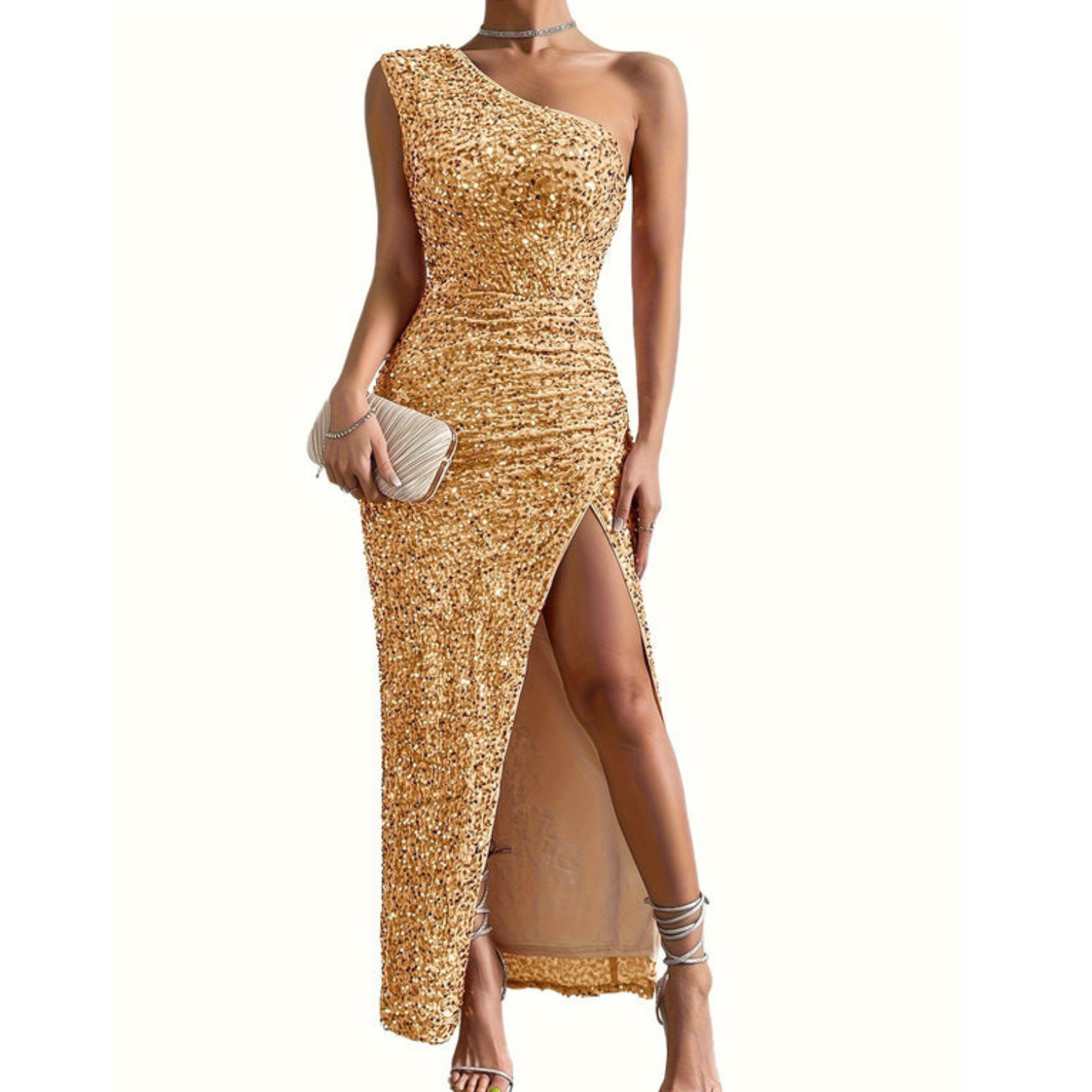 Damklänning Off-the-Shoulder med Glitter och Lång Slits 6
