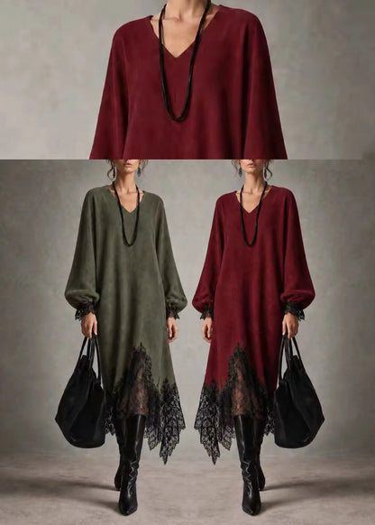 Damklänning Spets Asymmetrisk V-ringning Patchwork 4