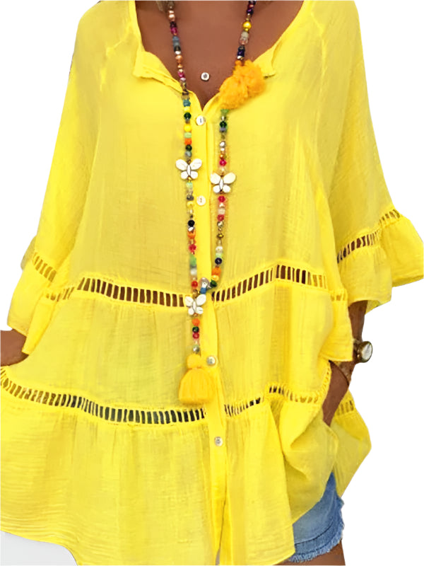 Damklänning V-ringning 3/4 Ärmar Lös Passform Bomull och Linne 0