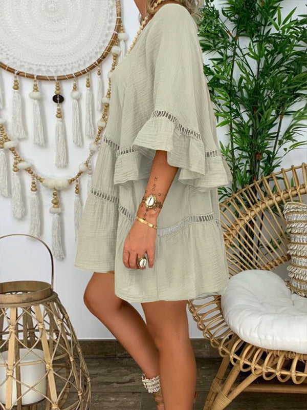 Damklänning V-ringning 3/4 Ärmar Lös Passform Bomull och Linne 6