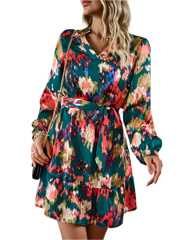 Damklänning V-ringning Med Tryck Midjeband Polyester 0