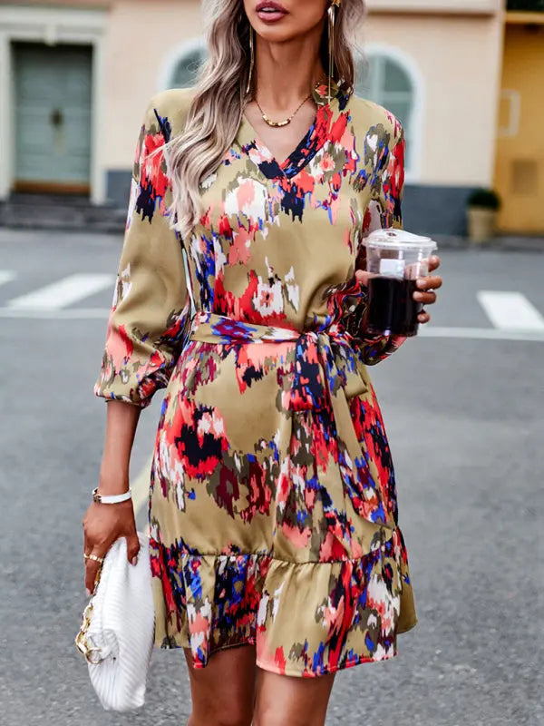 Damklänning V-ringning Med Tryck Midjeband Polyester 1