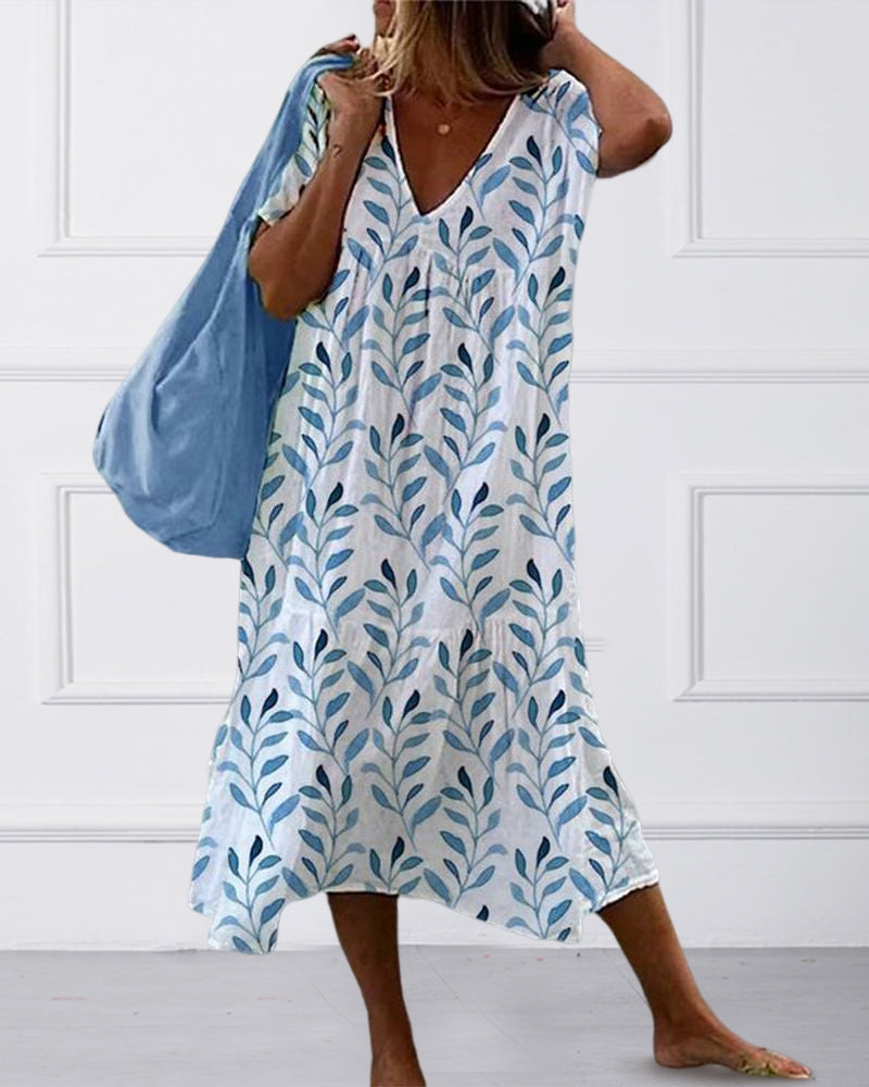 Damklänning med V-Ausschnitt och Blätterdruck 3