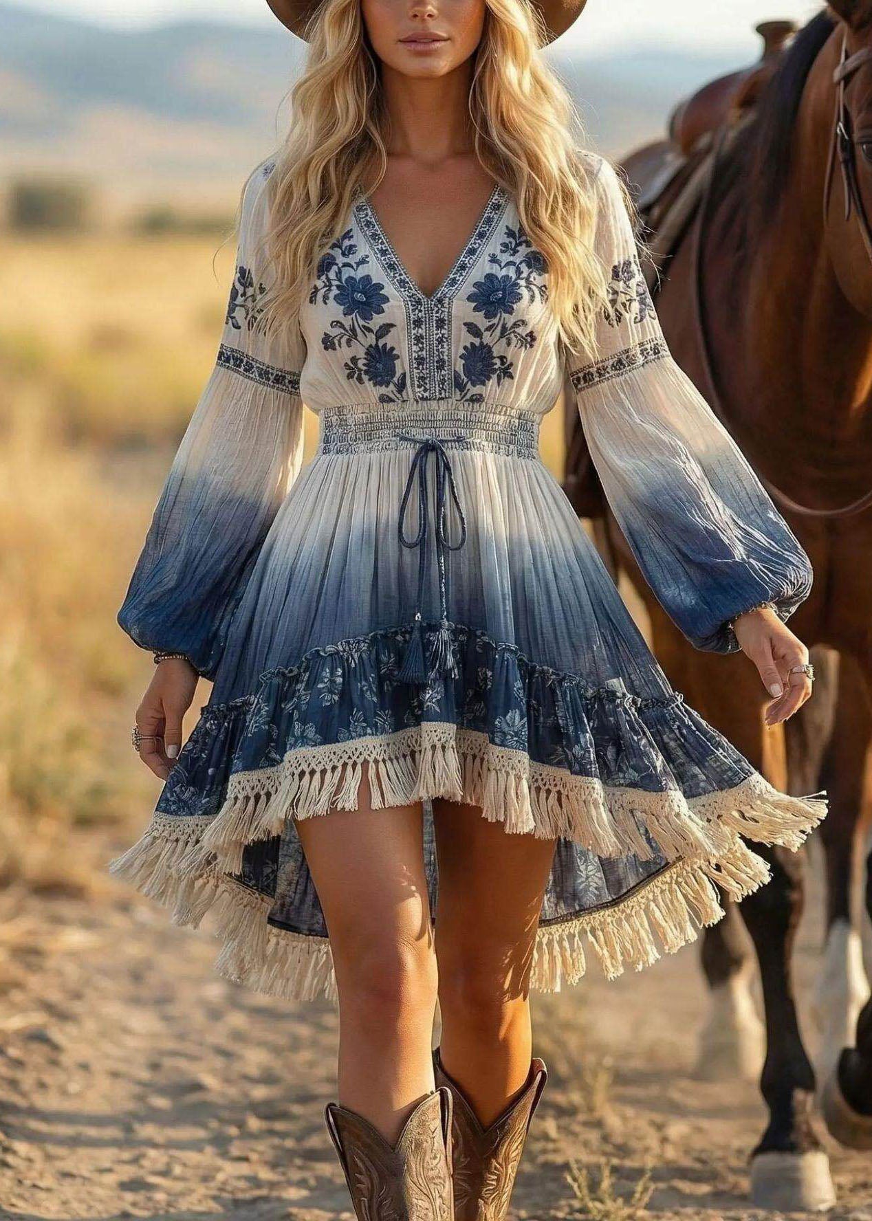 Damklänning med V-hals och långärmad design 1