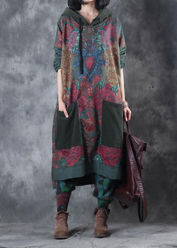 Damklänning med huva och dragsko i modern grön tryck 1