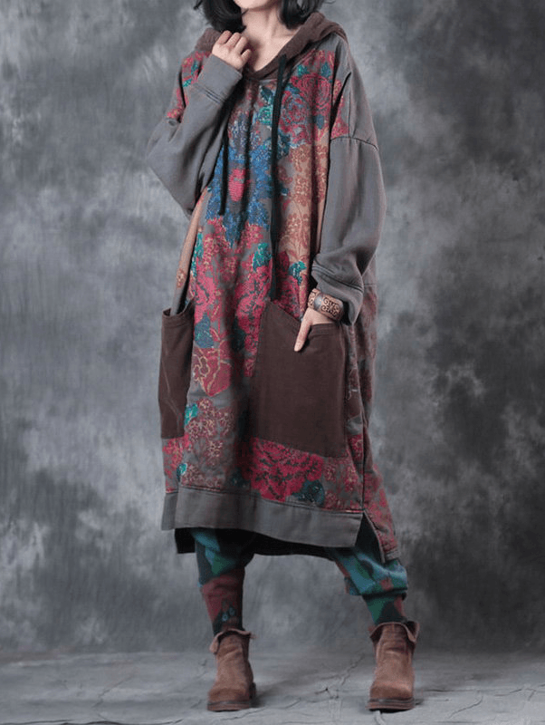 Damklänning med huva och dragsko i modern grön tryck 2