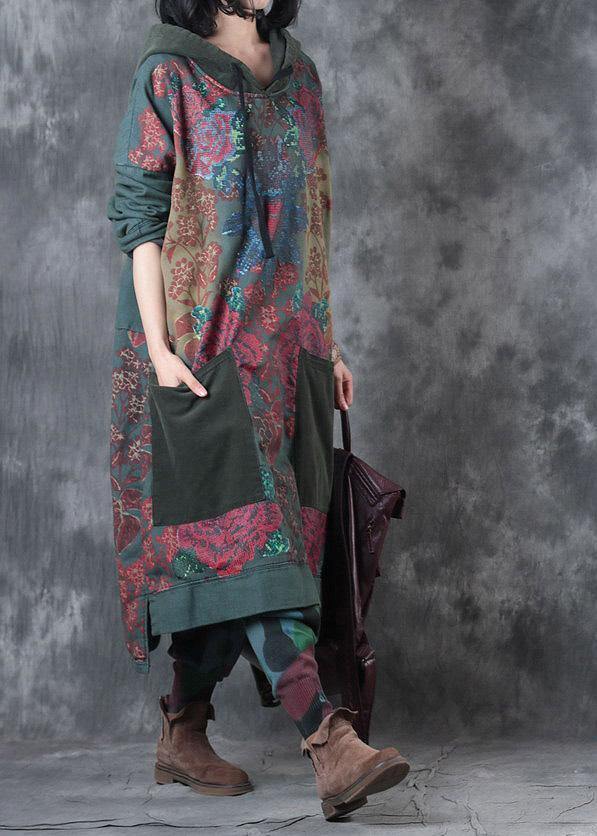 Damklänning med huva och dragsko i modern grön tryck 3