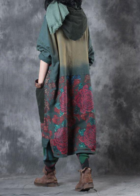 Damklänning med huva och dragsko i modern grön tryck 6