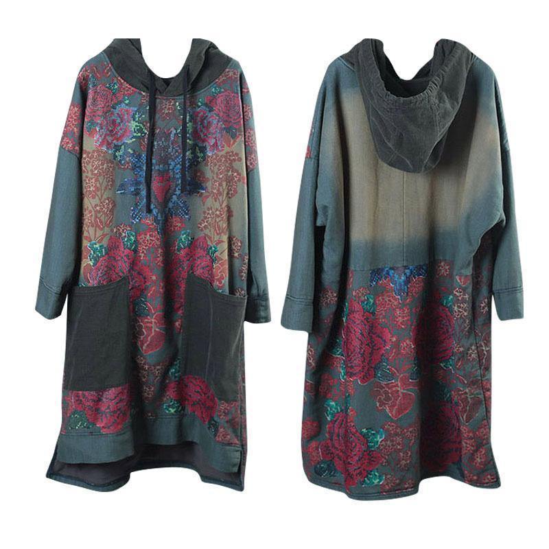 Damklänning med huva och dragsko i modern grön tryck 7