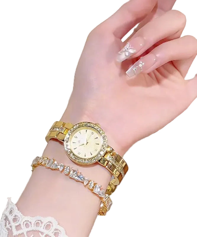 Damklocka Guld med Zircon-Detaljer och Quartz-Rörelse 0