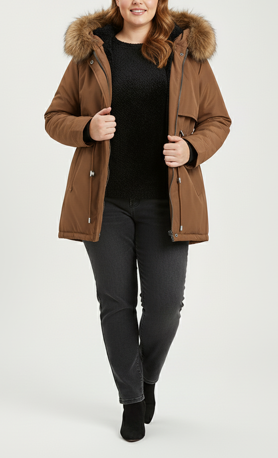 Damparkas med Justerbar Midja och Pälshuva 2