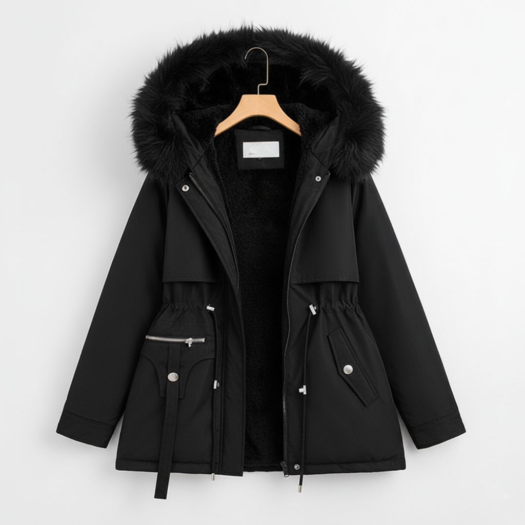 Damparkas med Justerbar Midja och Pälshuva 4