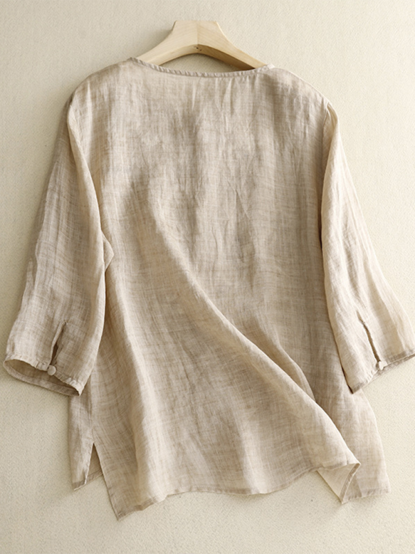 Dams Tun Linne Top Rund Hals Retro Design Vevd Bomull Linne 2