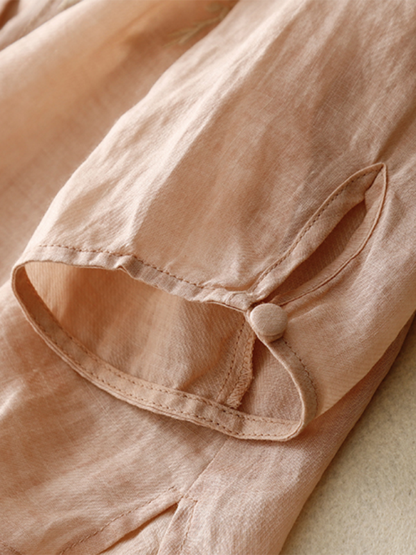 Dams Tun Linne Top Rund Hals Retro Design Vevd Bomull Linne 4