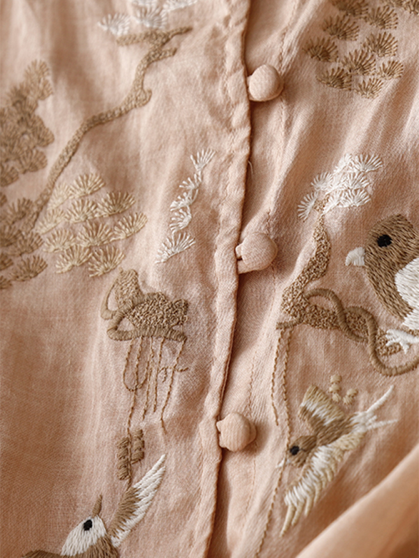 Dams Tun Linne Top Rund Hals Retro Design Vevd Bomull Linne 5