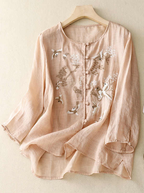 Dams Tun Linne Top Rund Hals Retro Design Vevd Bomull Linne 6