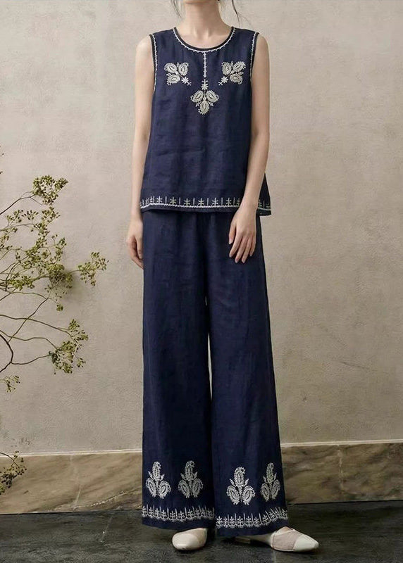 Damset Linne Tvådelat Broderad Stil 3