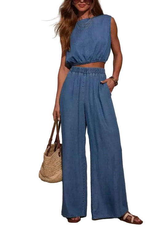 Damset Tvådelat Ärmlös O-hals Denim Casual 0