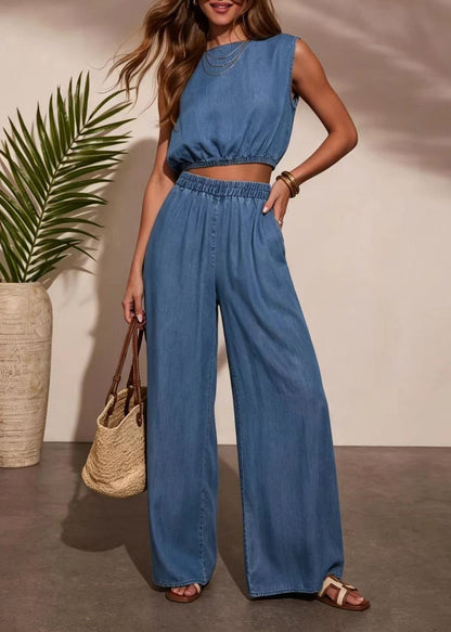 Damset Tvådelat Ärmlös O-hals Denim Casual 1
