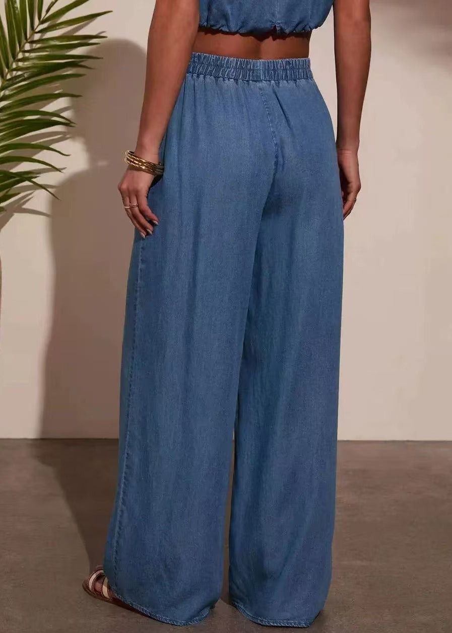 Damset Tvådelat Ärmlös O-hals Denim Casual 4