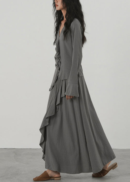 Damset med V-hals och asymmetrisk volang i två delar långärmad 3
