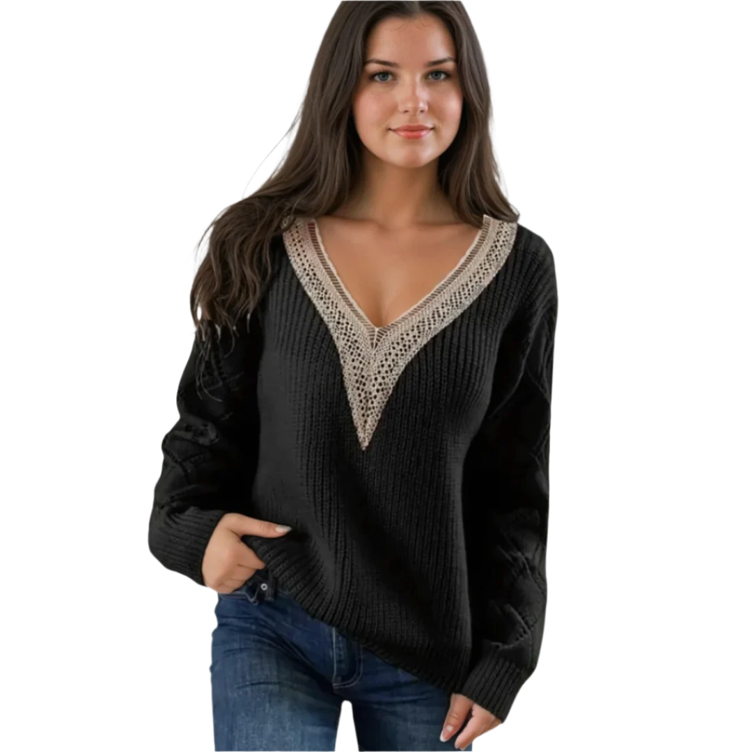 Damstickad Pullover med V-ringning och Detaljerade Ärmar 0
