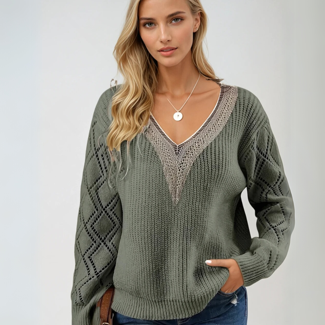 Damstickad Pullover med V-ringning och Detaljerade Ärmar 1