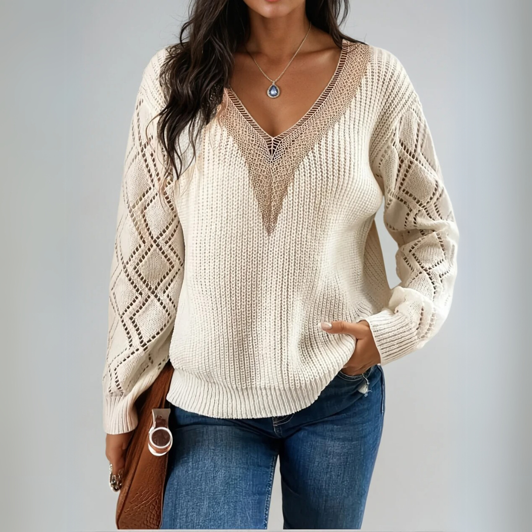 Damstickad Pullover med V-ringning och Detaljerade Ärmar 2
