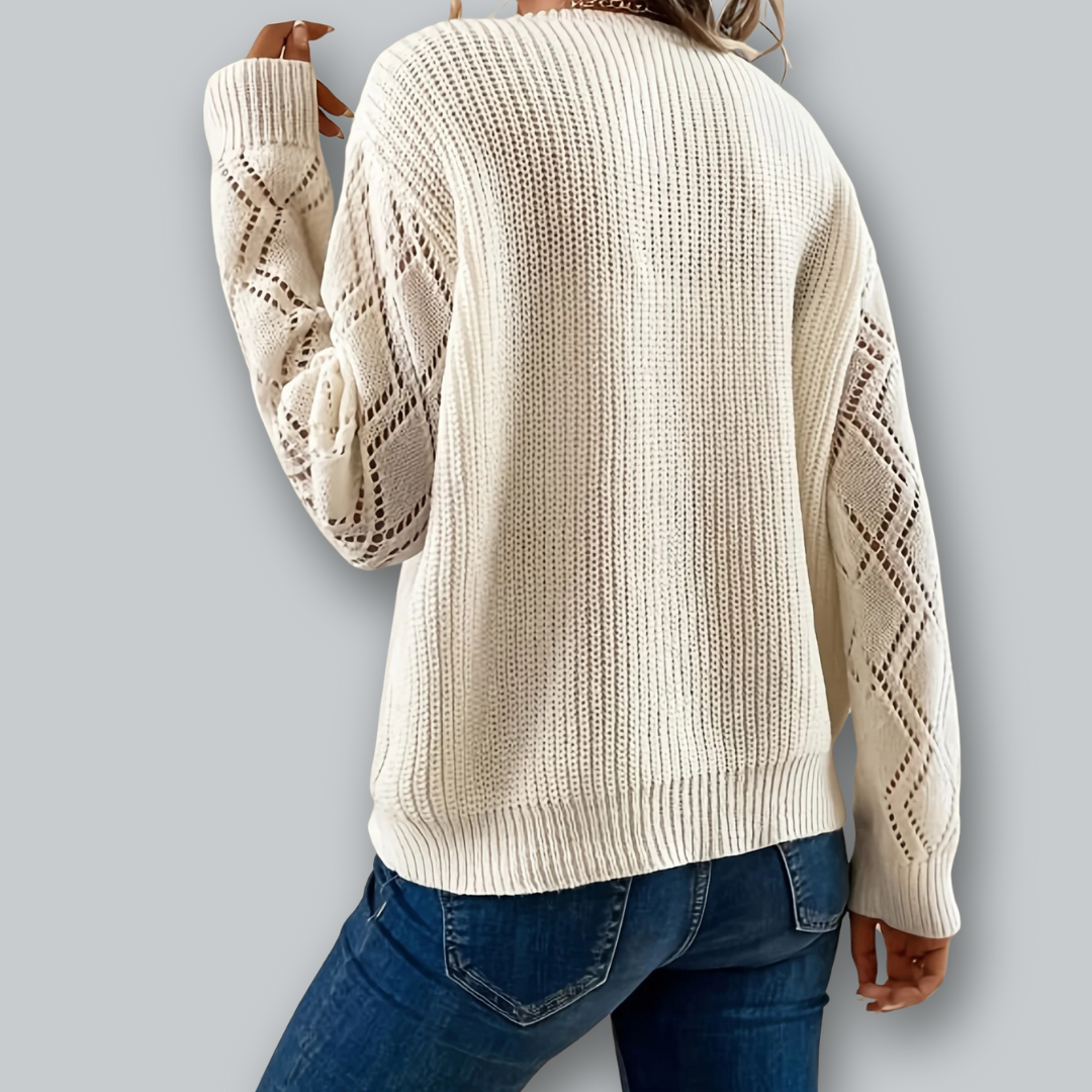 Damstickad Pullover med V-ringning och Detaljerade Ärmar 3