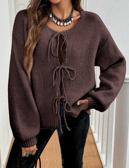 Damstickad Tröja med Snörning Boho-Inspirerad Avslappnad Passform Långärmad 11
