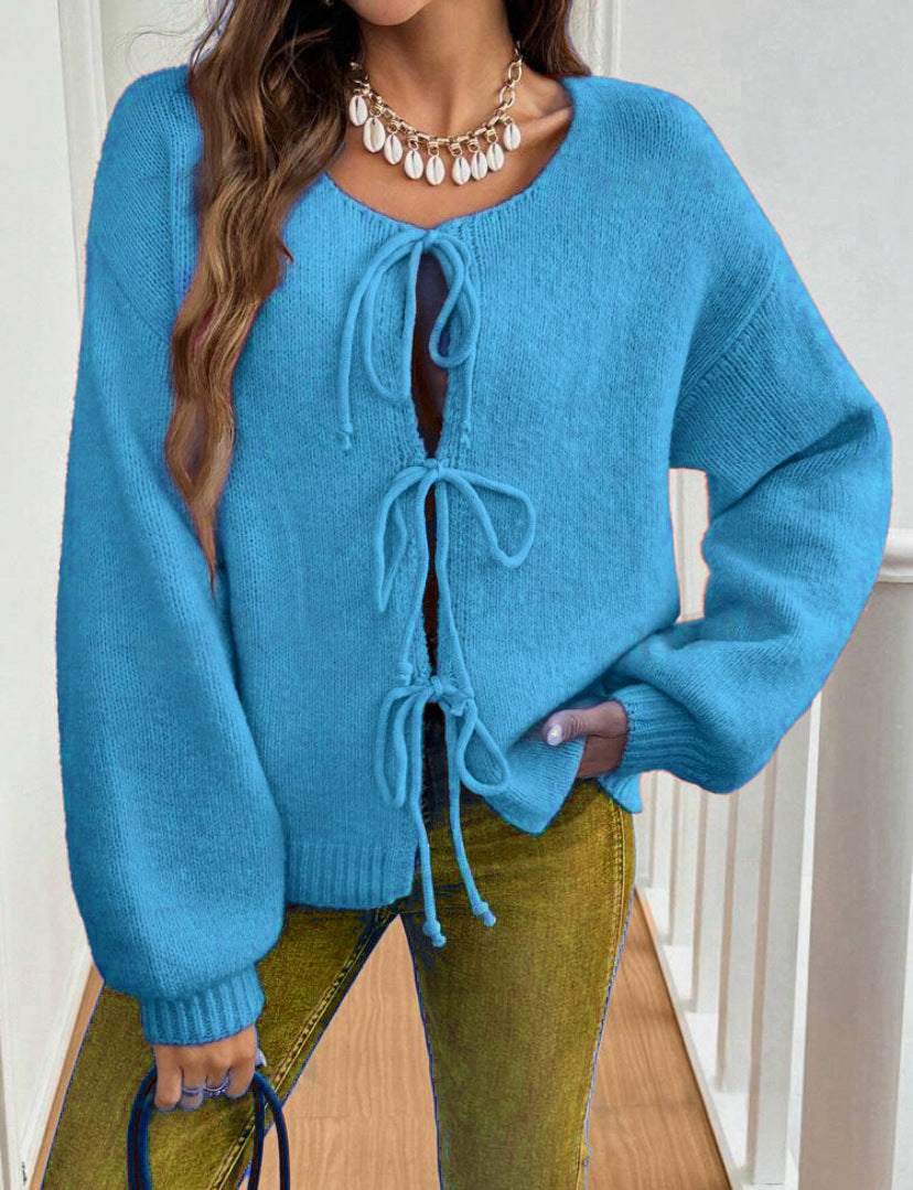 Damstickad Tröja med Snörning Boho-Inspirerad Avslappnad Passform Långärmad 12