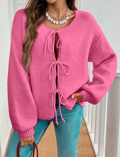 Damstickad Tröja med Snörning Boho-Inspirerad Avslappnad Passform Långärmad 9