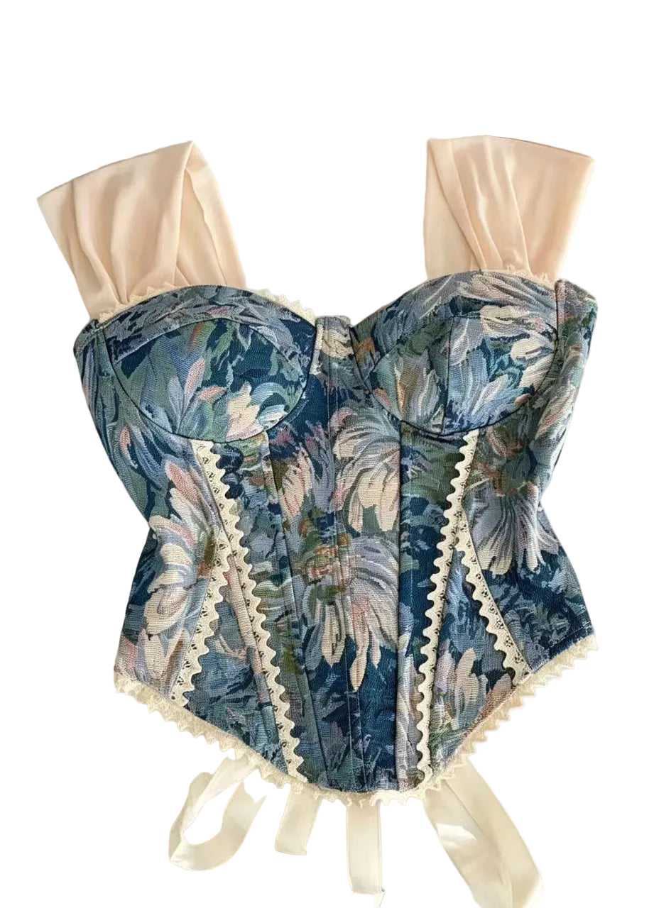 Damtop Med Snörning Jacquard Spets Patchwork Sommarstil 0