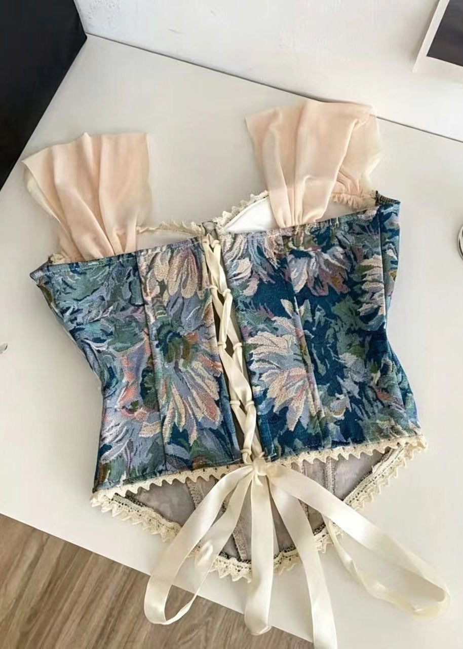 Damtop Med Snörning Jacquard Spets Patchwork Sommarstil 1