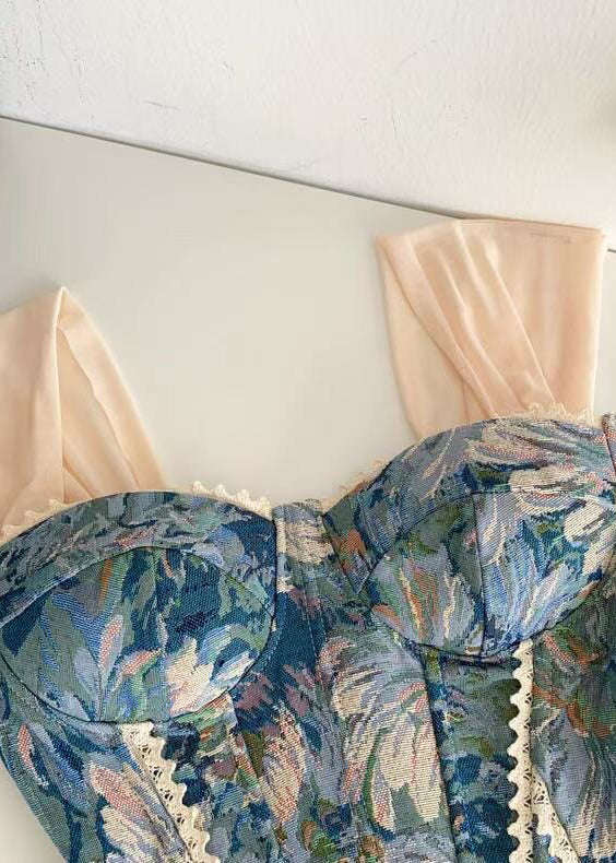 Damtop Med Snörning Jacquard Spets Patchwork Sommarstil 4