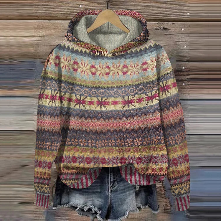 Damtröja med Huva i Färgglad Stickad Design 1