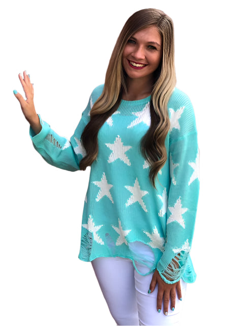 Damtröja med Rund Hals och Lång Ärmar i Mintgrön med Stjärntryck 0