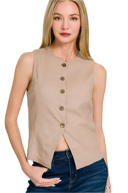 Dunväst Dam Knäppt Linne Lätt Material 0