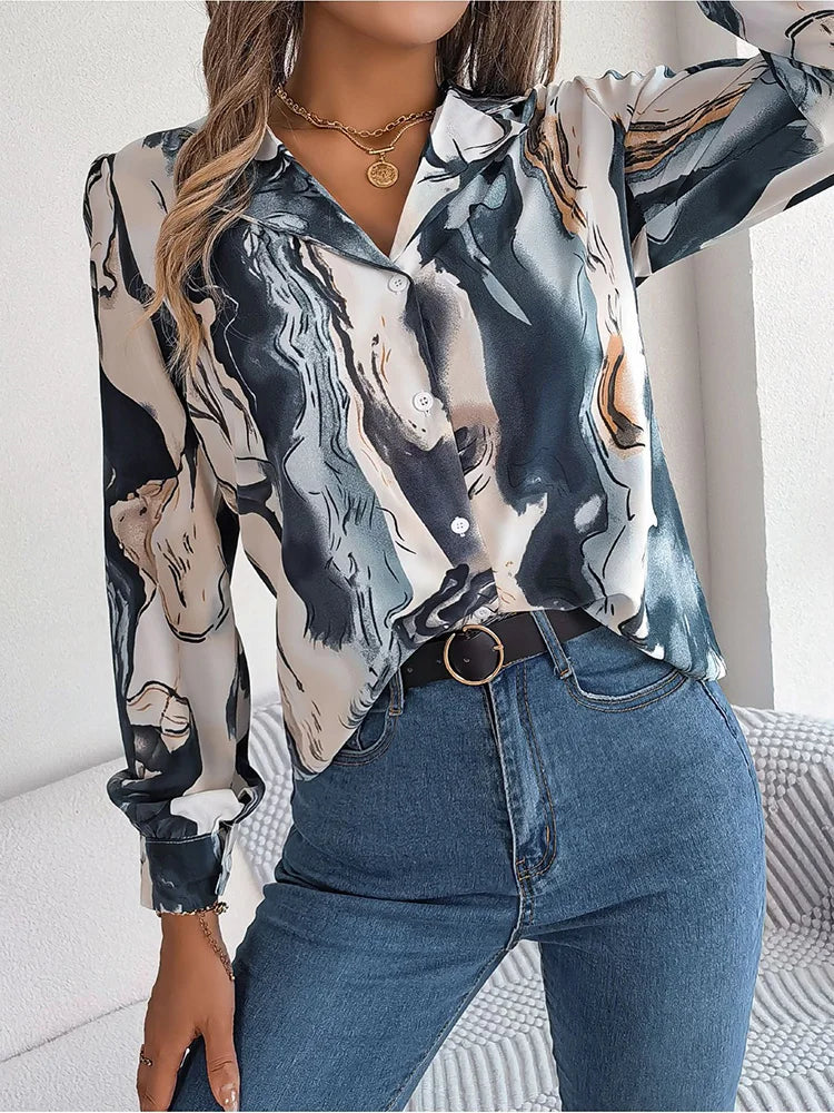 Dam Skjorta Marmormönster Trendig Polyester-4