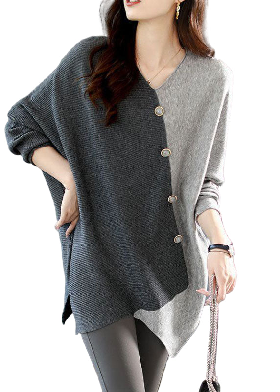 Grå Asymmetrisk Patchwork Stickad Skjorta för Damer 0